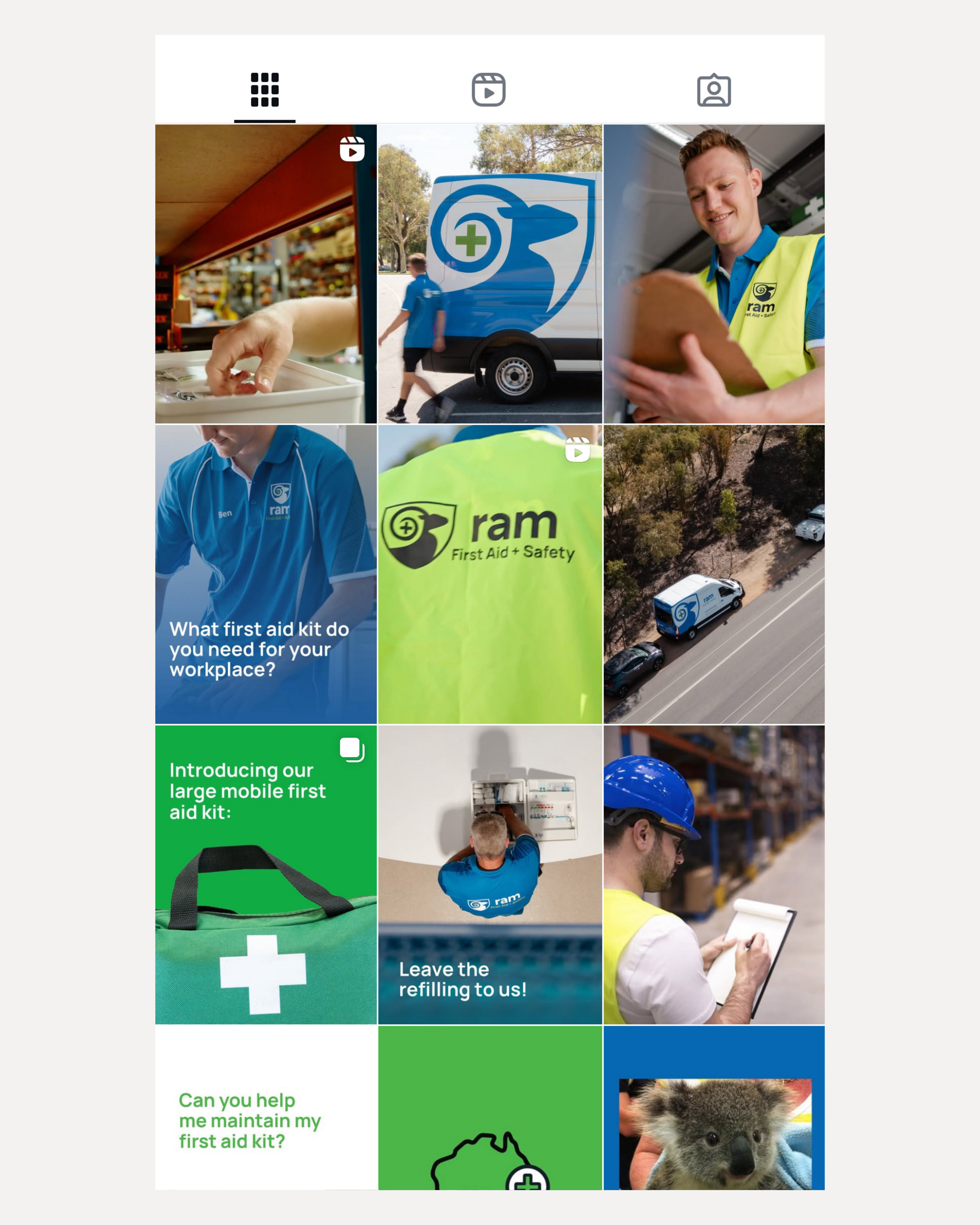 Collage of images related to Ram First Aid and Safety, showing a van with the company logo, personnel in branded gear performing tasks, and promotional messages about first aid kits and services.