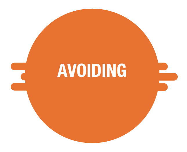 Orange circular sticker with the word 'AVOIDING' in white, with black background and horizontal lines on the sides.
