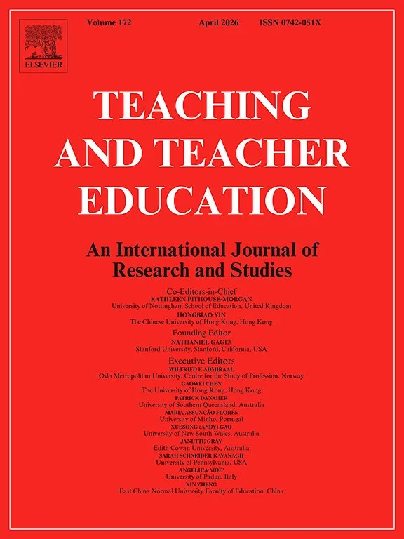 Cover of the journal titled 'Teaching and Teacher Education,' volume 172, published in April 2026 by Elsevier. The cover is red with black and white text, listing editors and affiliated institutions.