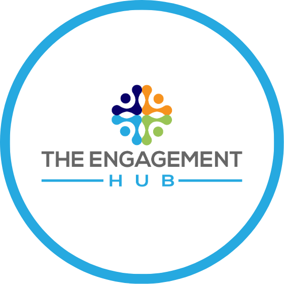 Logo of The Engagement Hub with a colorful abstract symbol above the text
