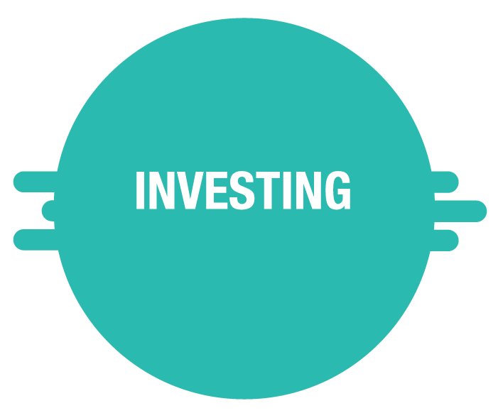 A teal circular logo with the word 'INVESTING' in white bold letters across the center and three horizontal lines extending from each side of the circle.