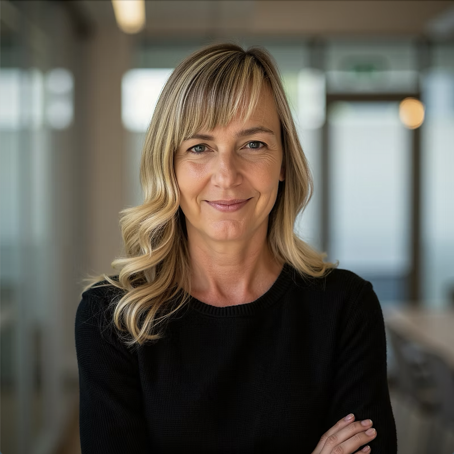 A woman with blonde hair and a black top smiling in an indoor setting with glass windows in the background.