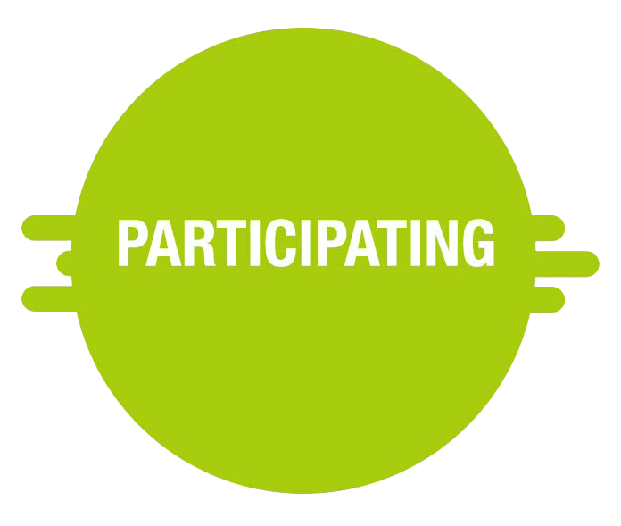 A green circular badge with the word "PARTICIPATING" in white, bold letters, over a background with various light green and yellow hues.