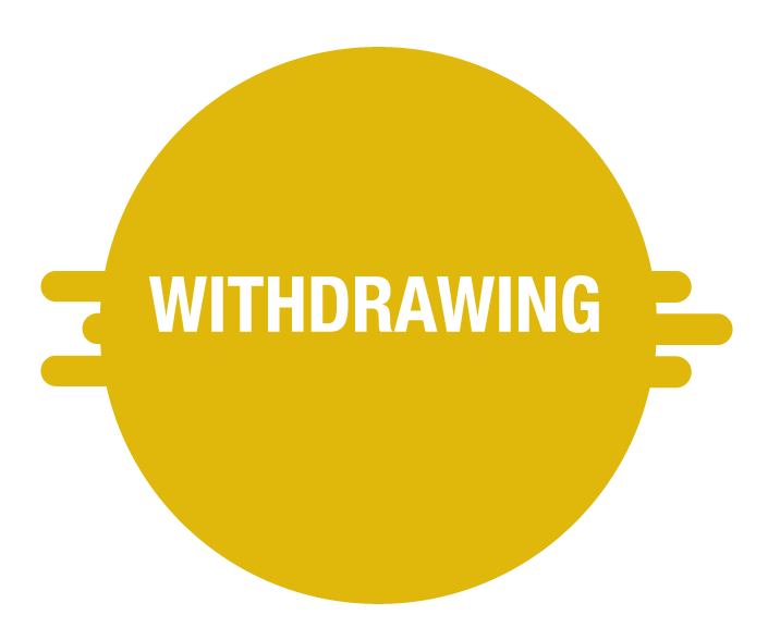 A black circle with a gold circle inside it, containing the word 'WITHDRAWING' in bold white letters.