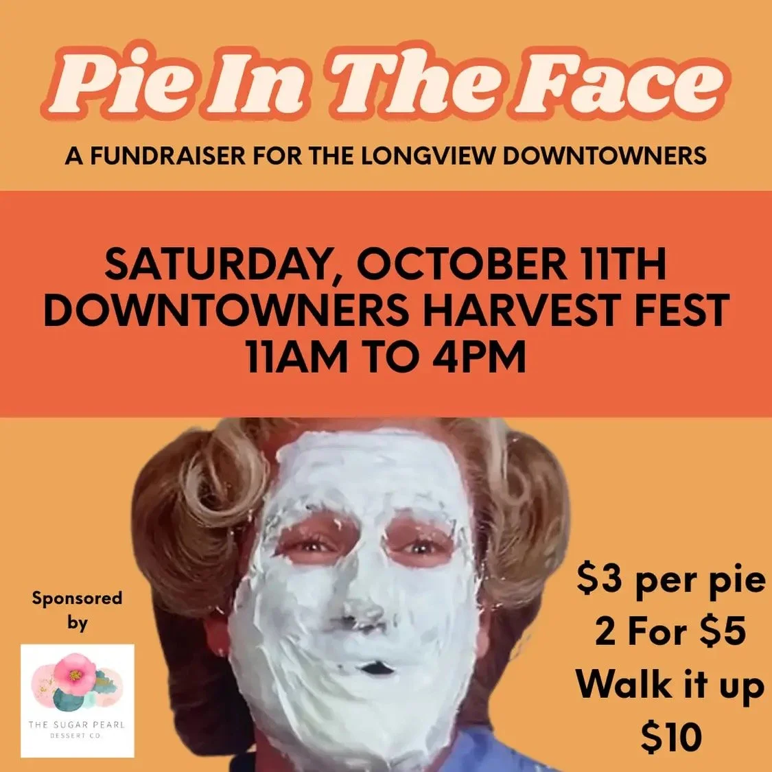 You'll be able to pie me in the face starting at 2:00 pm! Come support @downtownlongviewwa this weekend at the Harvest Festival behind the Merk.

Proceeds support the Downtowners in their mission to make downtown thrive!