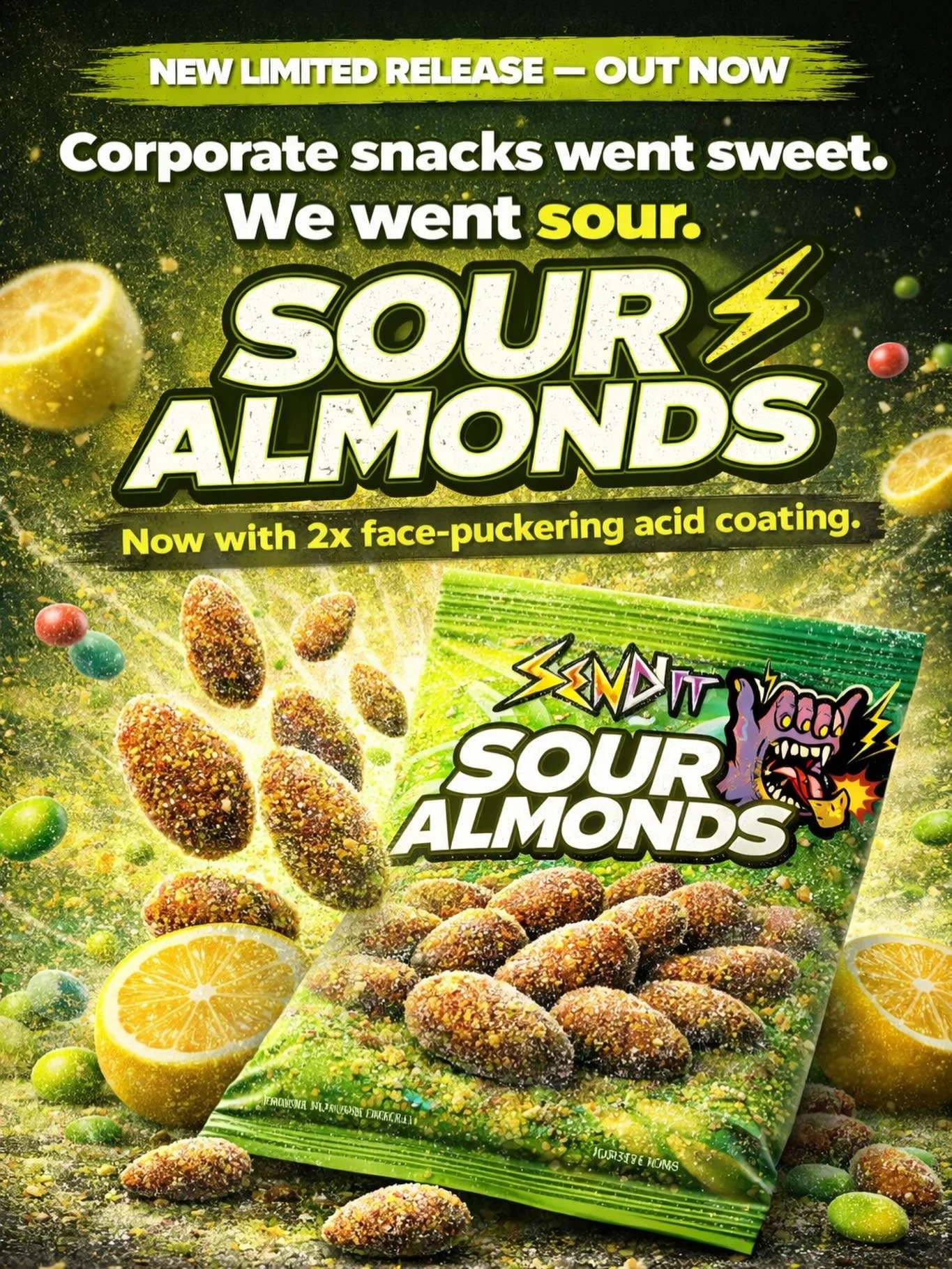Sour almonds.

Yeah&hellip; we did that.

Corporate went sweet.
We went sour.

Pucker up before a sesh. 🍋⚡