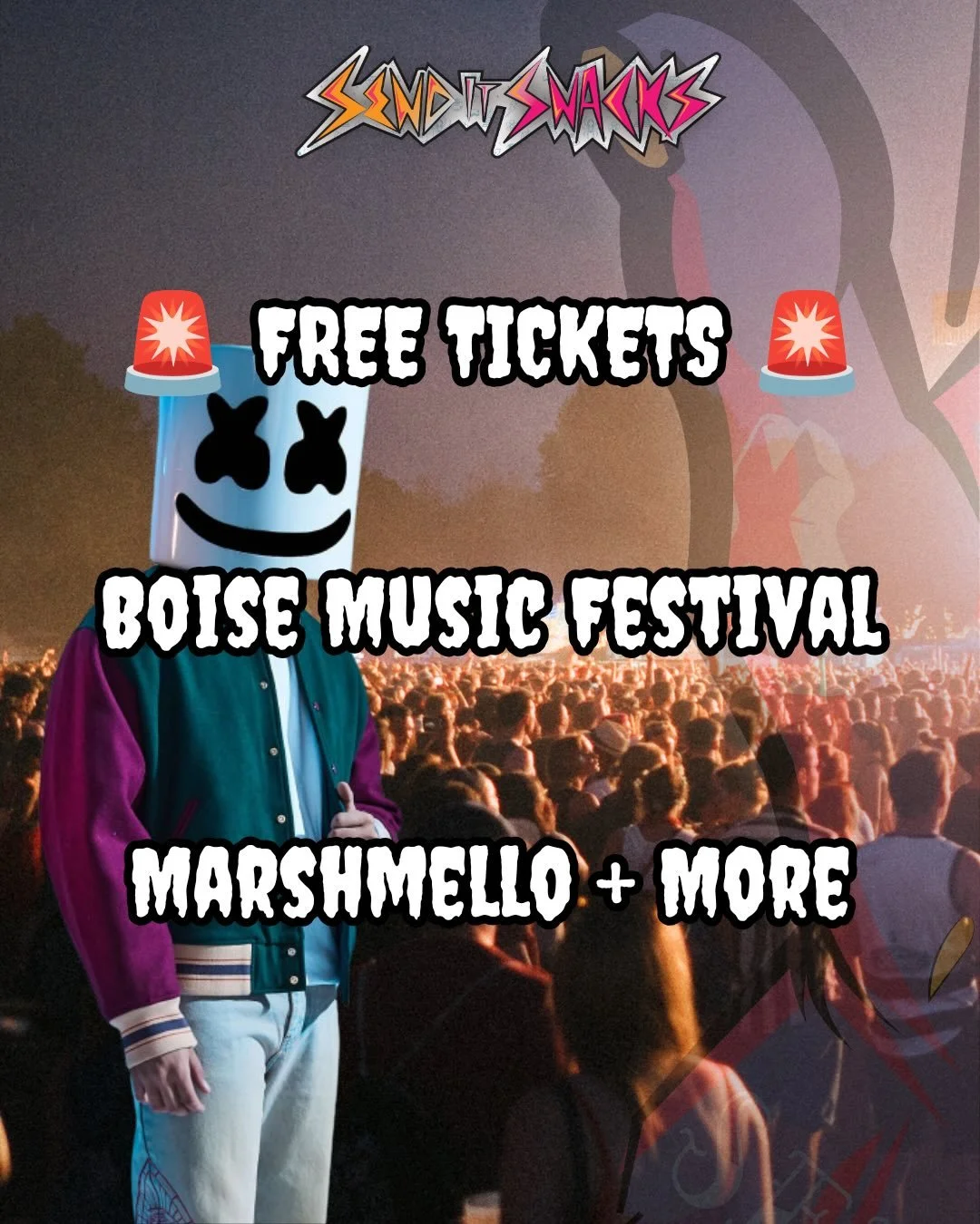 🚨 BOISE MUSIC FESTIVAL GIVEAWAY 🚨

We&rsquo;re giving away 2 tickets to Boise Music Festival on June 27.

Marshmello. Music. Summer. Chaos.

How to enter:

⚡ Follow @senditsnacks

⚡ Tag the friend you&rsquo;d bring

That&rsquo;s it.

Bonus Points -