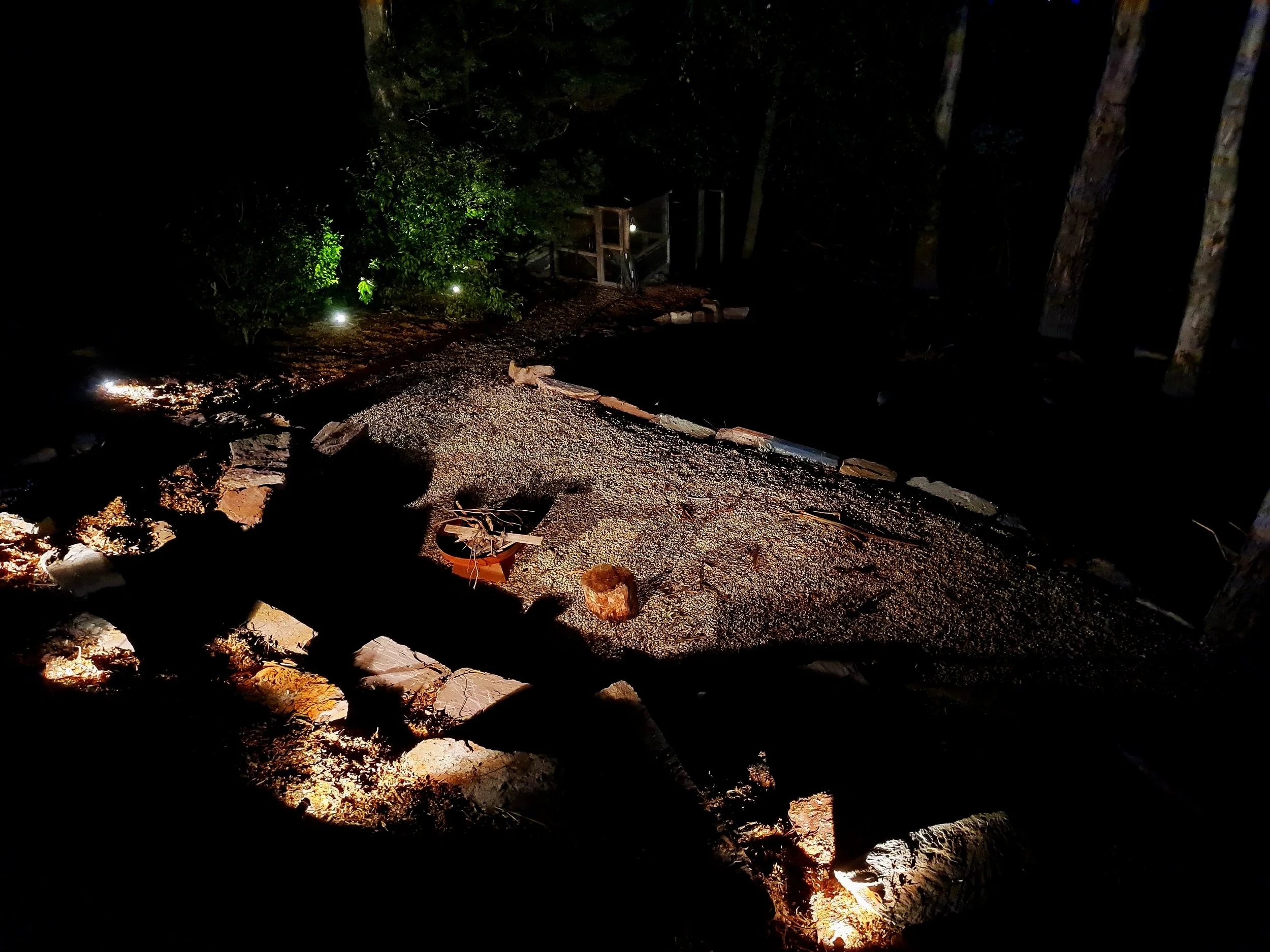 Nighttime outdoor scene with a dirt path illuminated by small lights, bordered by trees and shrubs, with a shadowed person taking a photo.