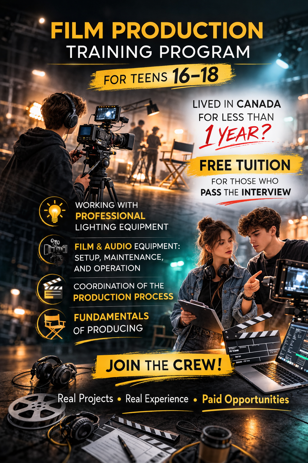 The film production course introduces teens to the fundamentals of working on a film set and gives them the opportunity to explore different roles in the film industry. In class, students learn how to work with lighting, cameras, sound, and professio