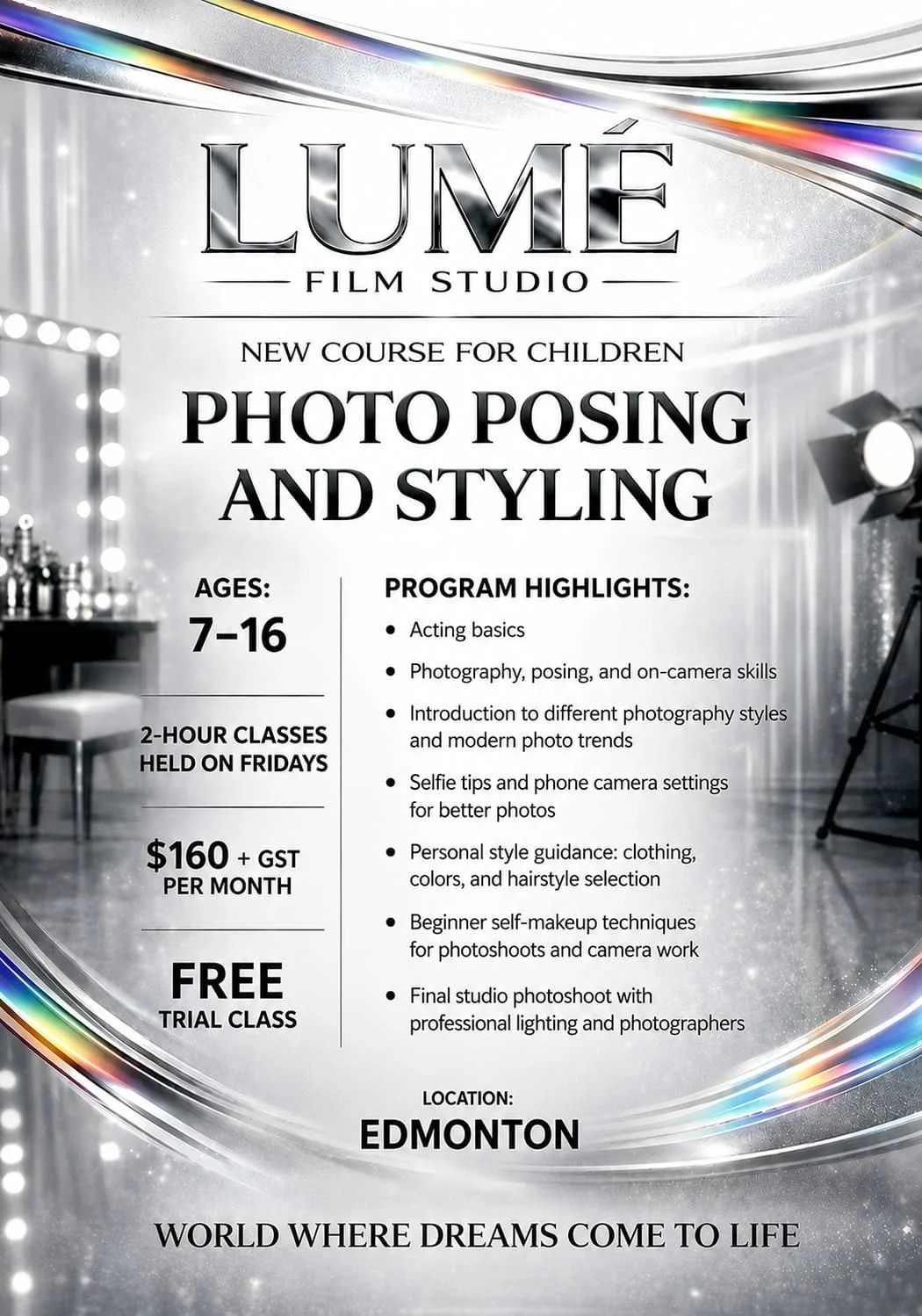 The course helps children feel confident in front of the camera, pose naturally, and develop their own personal style. In class, children learn the fundamentals of posing, fashion, makeup, and hairstyling. They learn how to work with their image, exp
