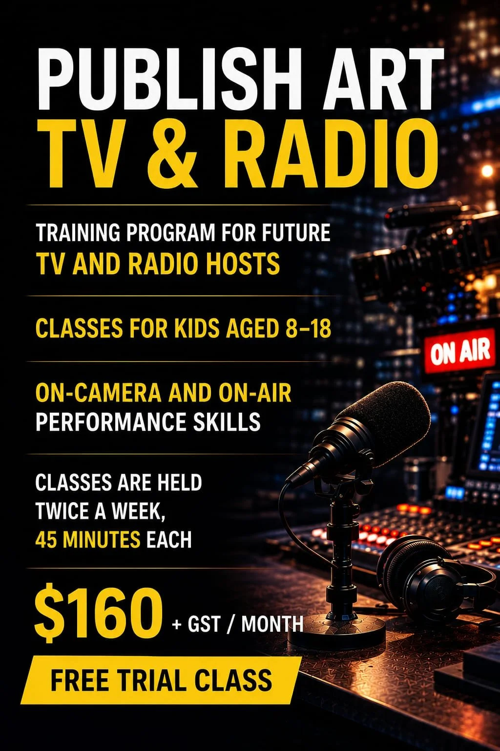 The course for future TV and radio hosts helps children feel confident both in front of the camera and behind the microphone. In class, children develop their speech, diction, voice, expressiveness, and public speaking skills while learning how to pe