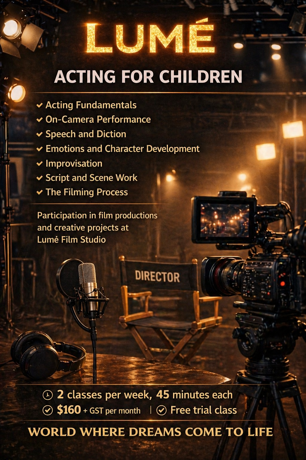The acting course helps children express themselves, feel confident in front of the camera and on stage, and develop their creativity. In class, children learn the fundamentals of acting, speech and diction, emotional expression, character developmen