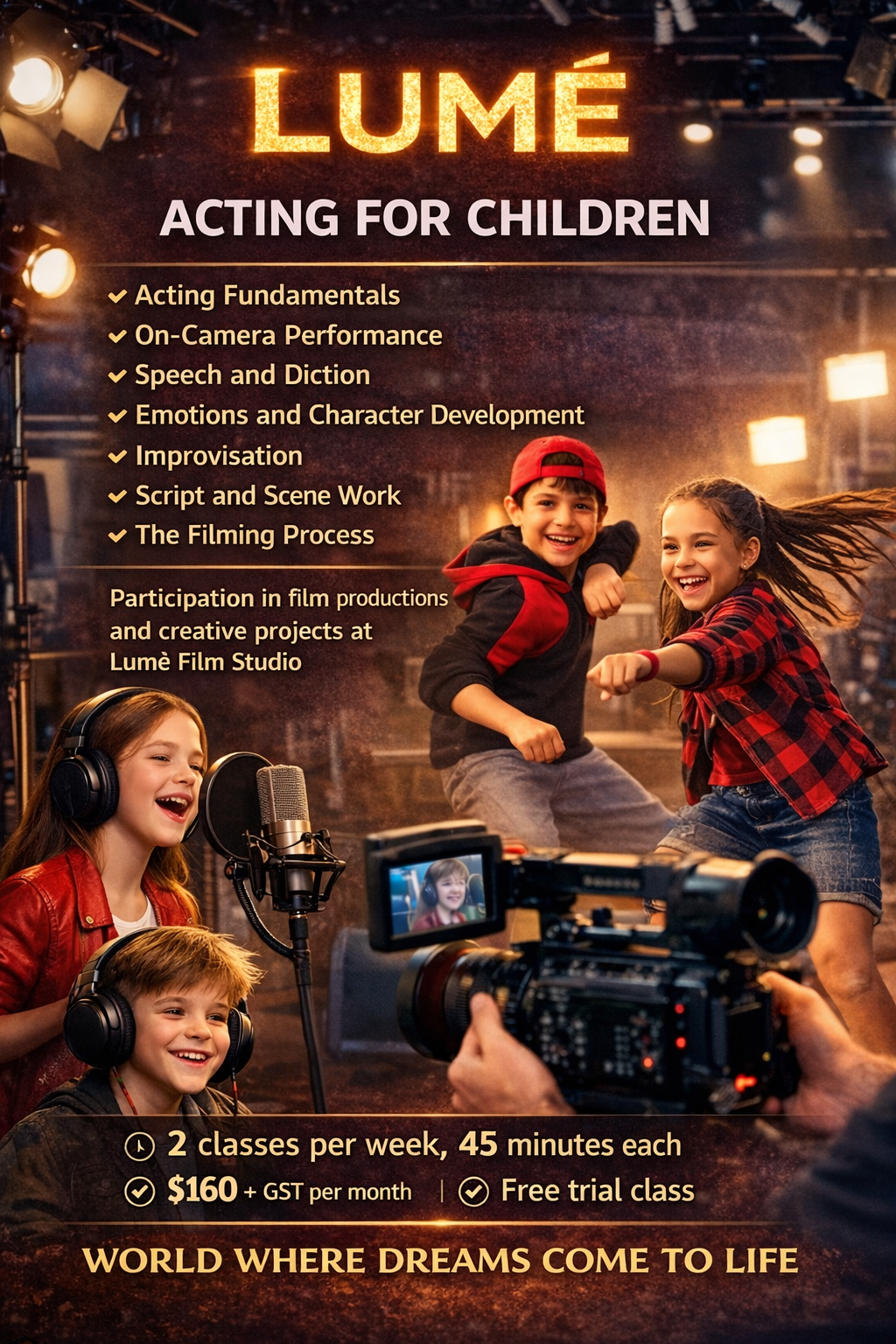 The acting course helps children express themselves, feel confident in front of the camera and on stage, and develop their creativity. In class, children learn the fundamentals of acting, speech and diction, emotional expression, character developmen