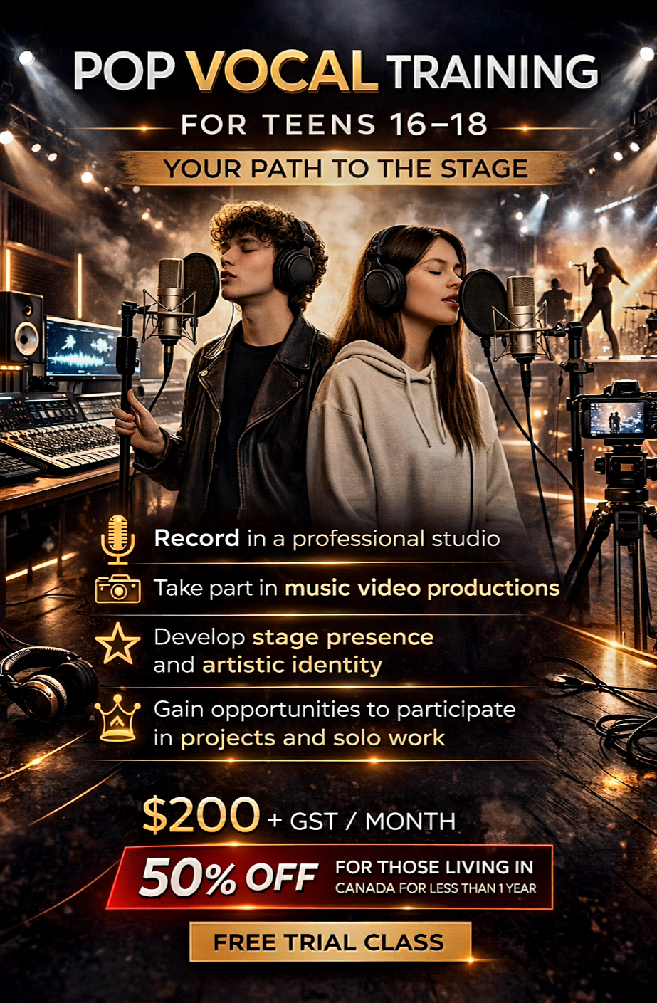 The pop vocal course helps teens discover their voice, build confidence, and develop their own artistic identity. In class, students work on vocal technique, breathing, diction, intonation, and performance skills. Students who stand out may have oppo