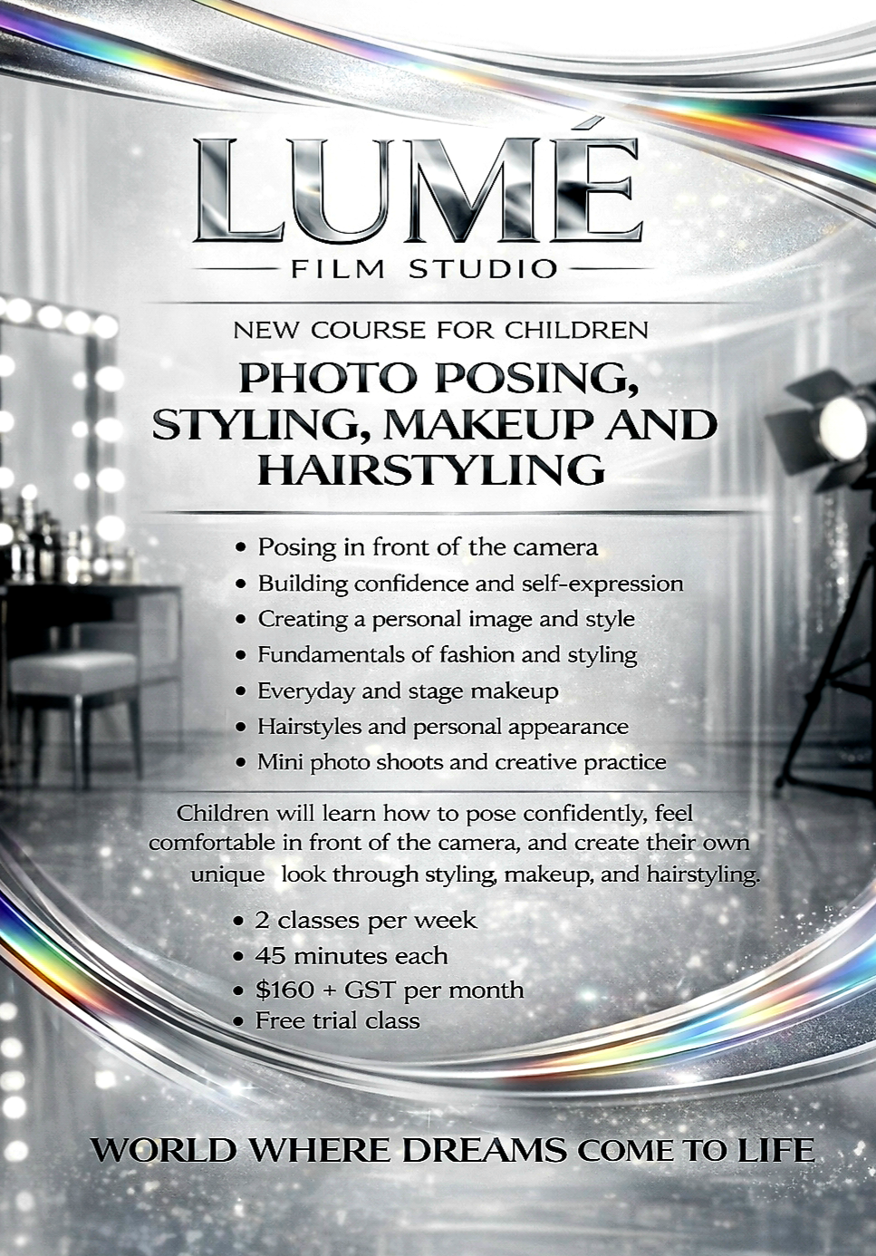 The course helps children feel confident in front of the camera, pose naturally, and develop their own personal style. In class, children learn the fundamentals of posing, fashion, makeup, and hairstyling. They learn how to work with their image, exp