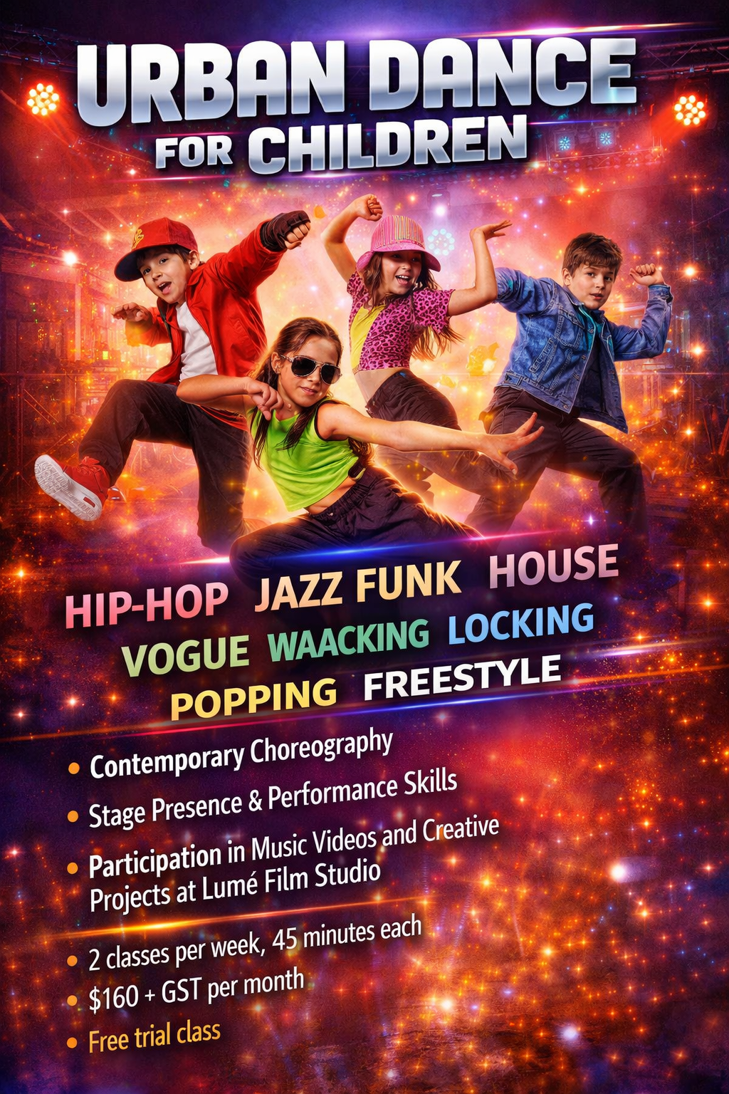 URBAN DANCE is a contemporary dance program for children that combines Hip-Hop, Jazz Funk, House, Vogue, Waacking, Locking, Popping, and Freestyle. Students develop rhythm, coordination, flexibility, and confidence while learning modern choreography,
