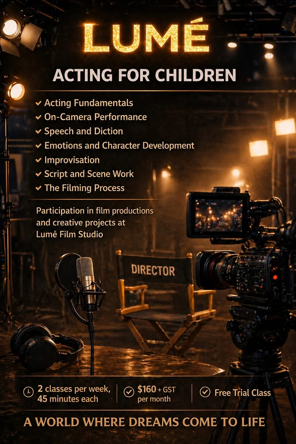 The acting course helps children express themselves, feel confident in front of the camera and on stage, and develop their creativity. In class, children learn the fundamentals of acting, speech and diction, emotional expression, character developmen