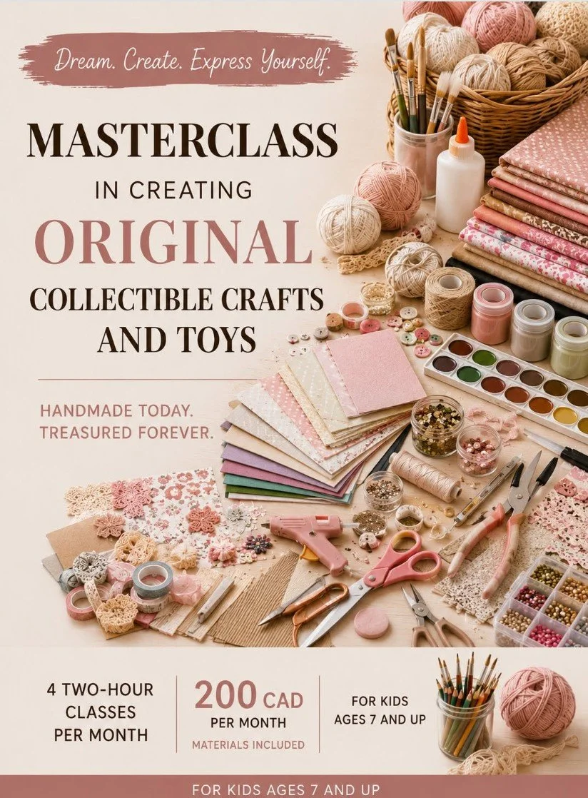 Masterclass in Edmonton -  creating original collectible crafts and toys.
For kids ages 7 and up.
4 two-hour classes per month.
200$ per month.
Materials included.