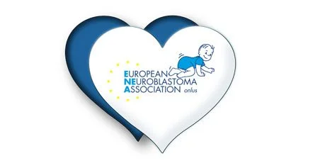 Cuore stilizzato con logo dell'European Neuroblastoma Society e un bambino che gioca, simbolo di supporto e consapevolezza.