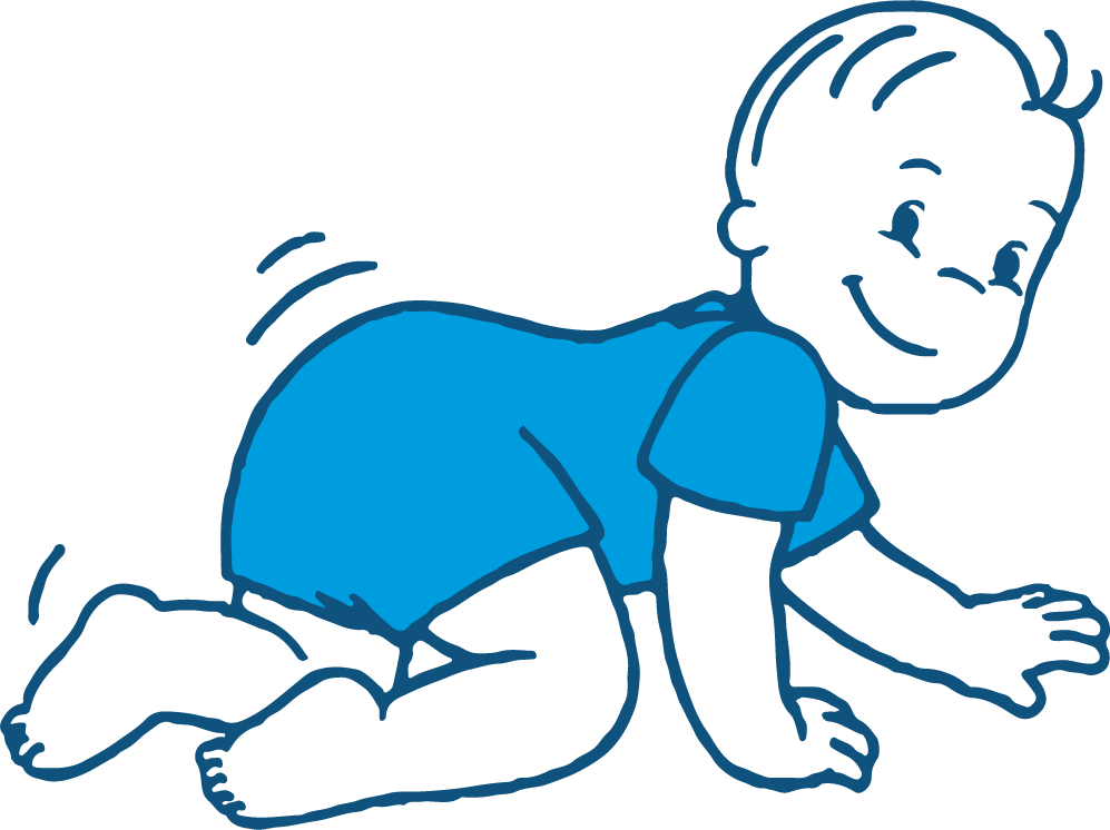 Bambino che gattona sorridente con vestiti blu
