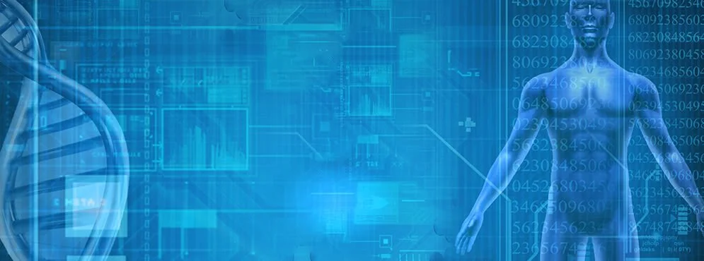 Immagine futuristica con DNA, figure umane digitali e dati scientifici in stile high-tech.