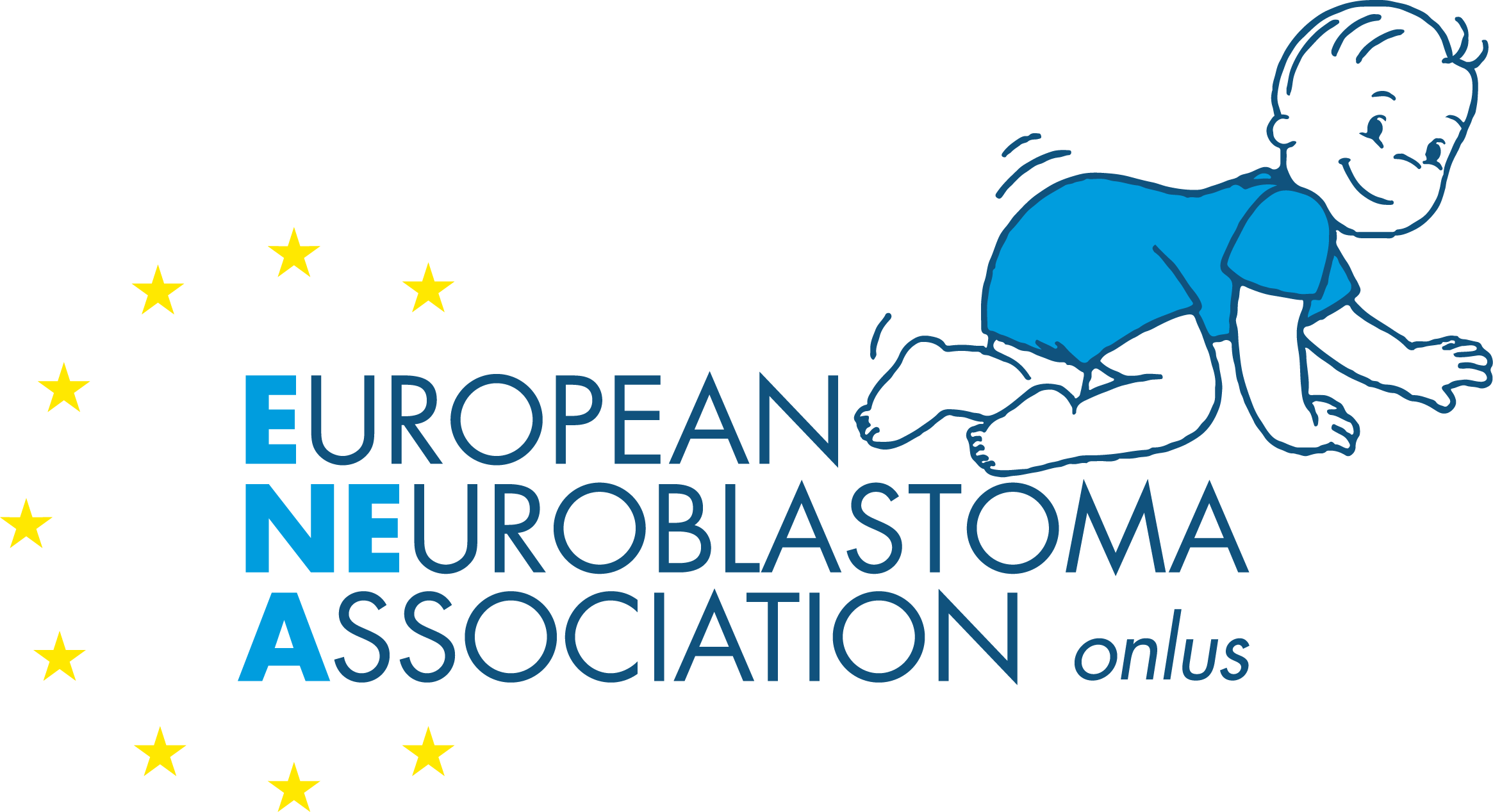 Logo dell'European Neuroblastoma Association con un disegno di un bambino malato di neuroblastoma su tutte e quattro le mani e le ginocchia, sfondo nero, con testo in blu e stelle gialle disposte a cerchio.