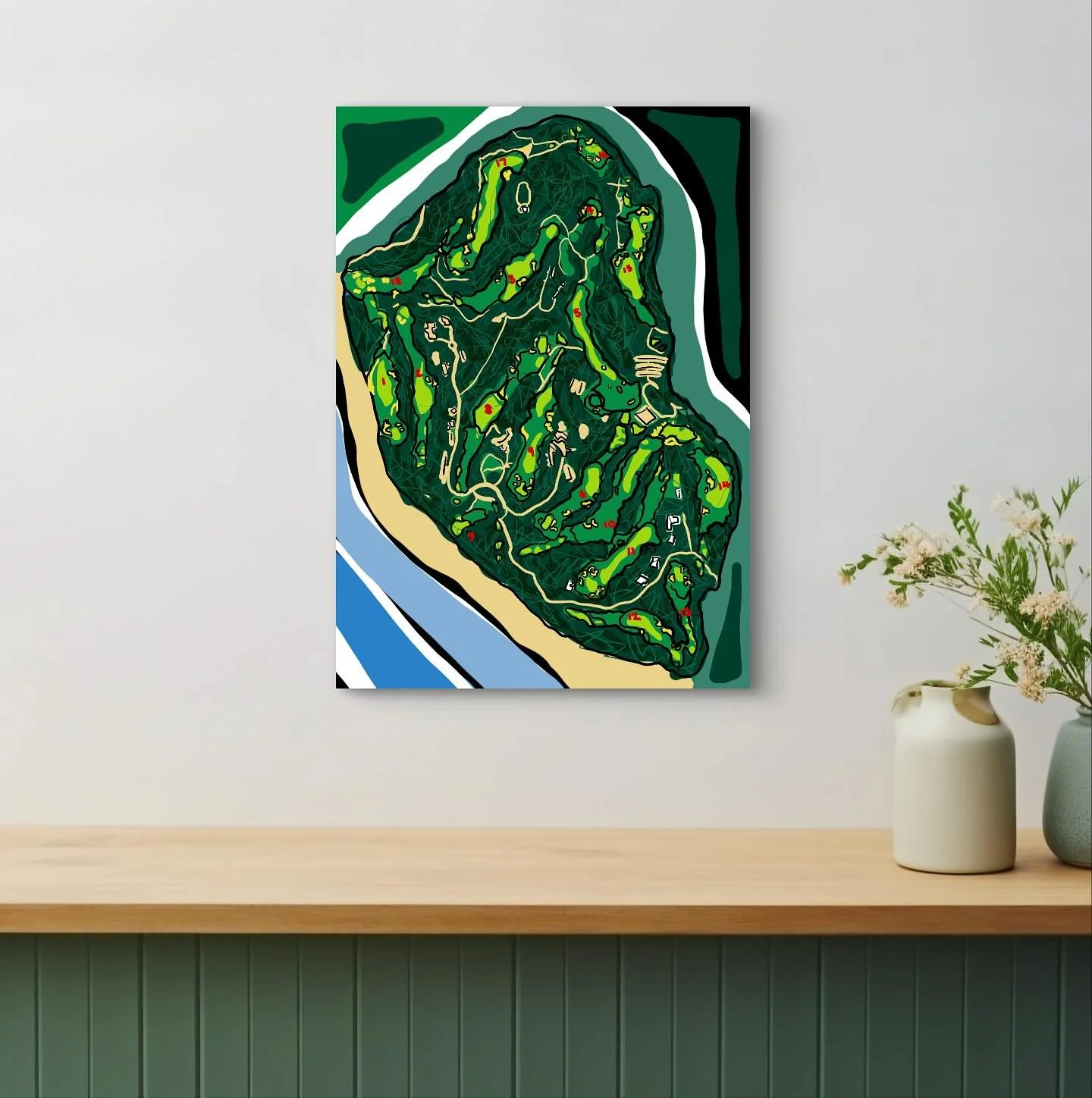 The Old Course, The National
This artwork celebrates the iconic Old Course at The National Golf Club on the Mornington Peninsula. Bold lines and sweeping forms trace its fairways, greens, and rugged bunkers, set against the dramatic backdrop of the c