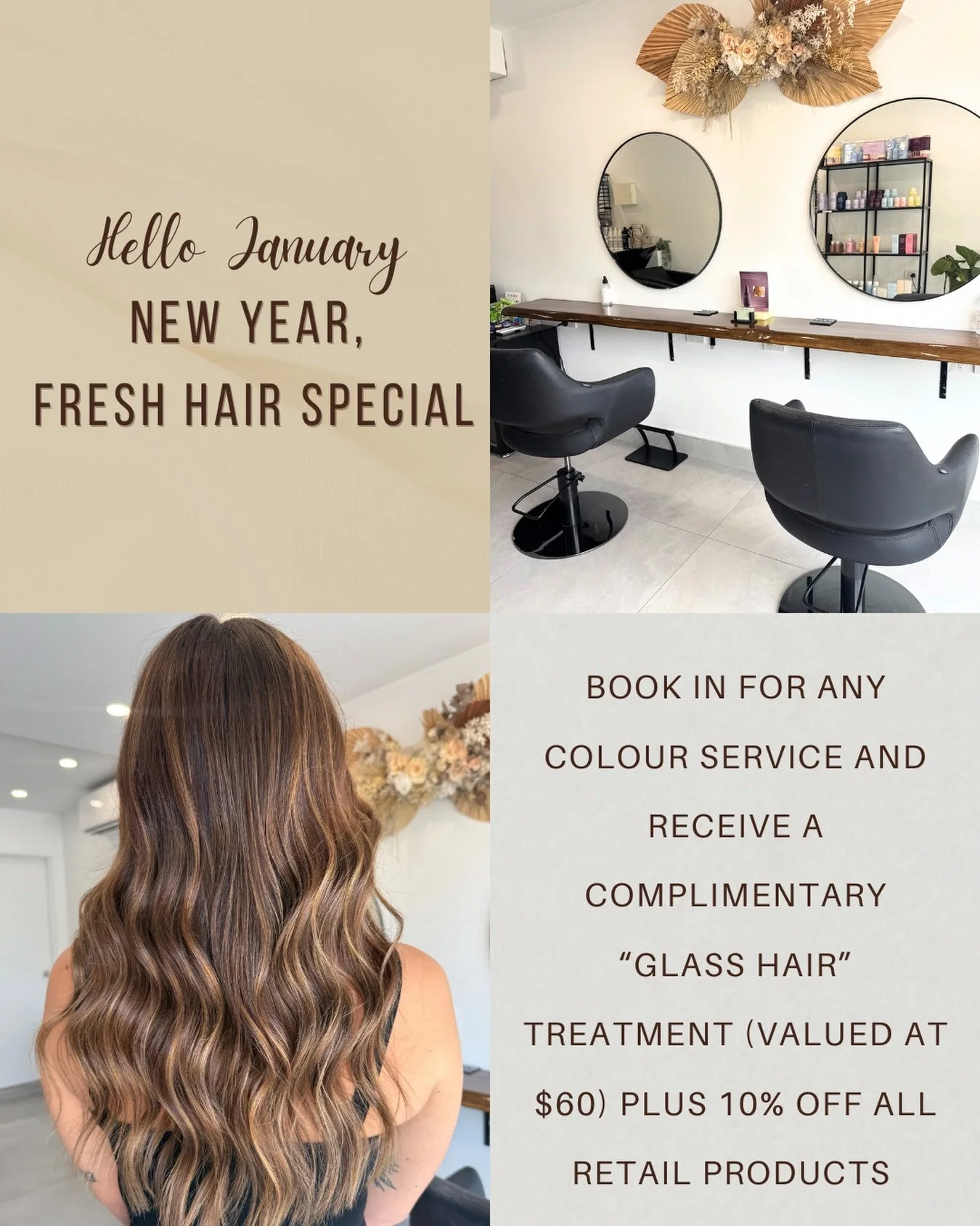 HELLO JANUARY ✨
First official week back in salon, and I could not be more excited for what&rsquo;s to come this year! 
I&rsquo;m offering a special for this month, book in for any colour service for January or February and receive a FREE glass hair 