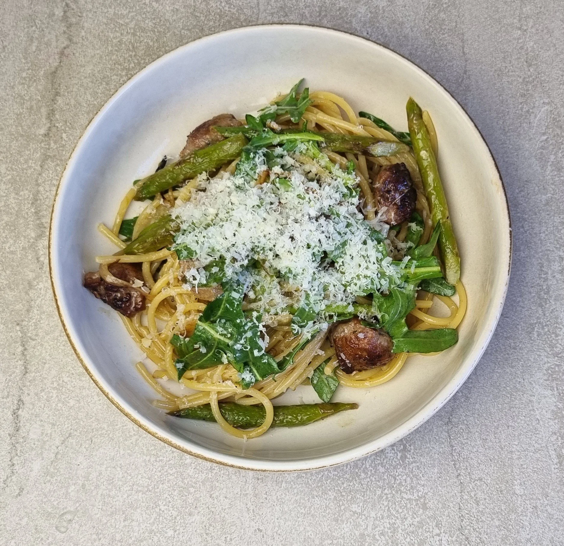 Italian sausage pasta with charred asparagus & fennel