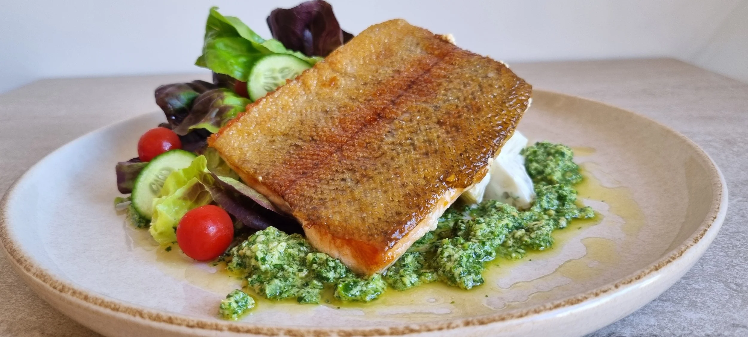 Crispy Skin Rainbow Trout, Green Chilli & Coriander Pesto with Potato Salad