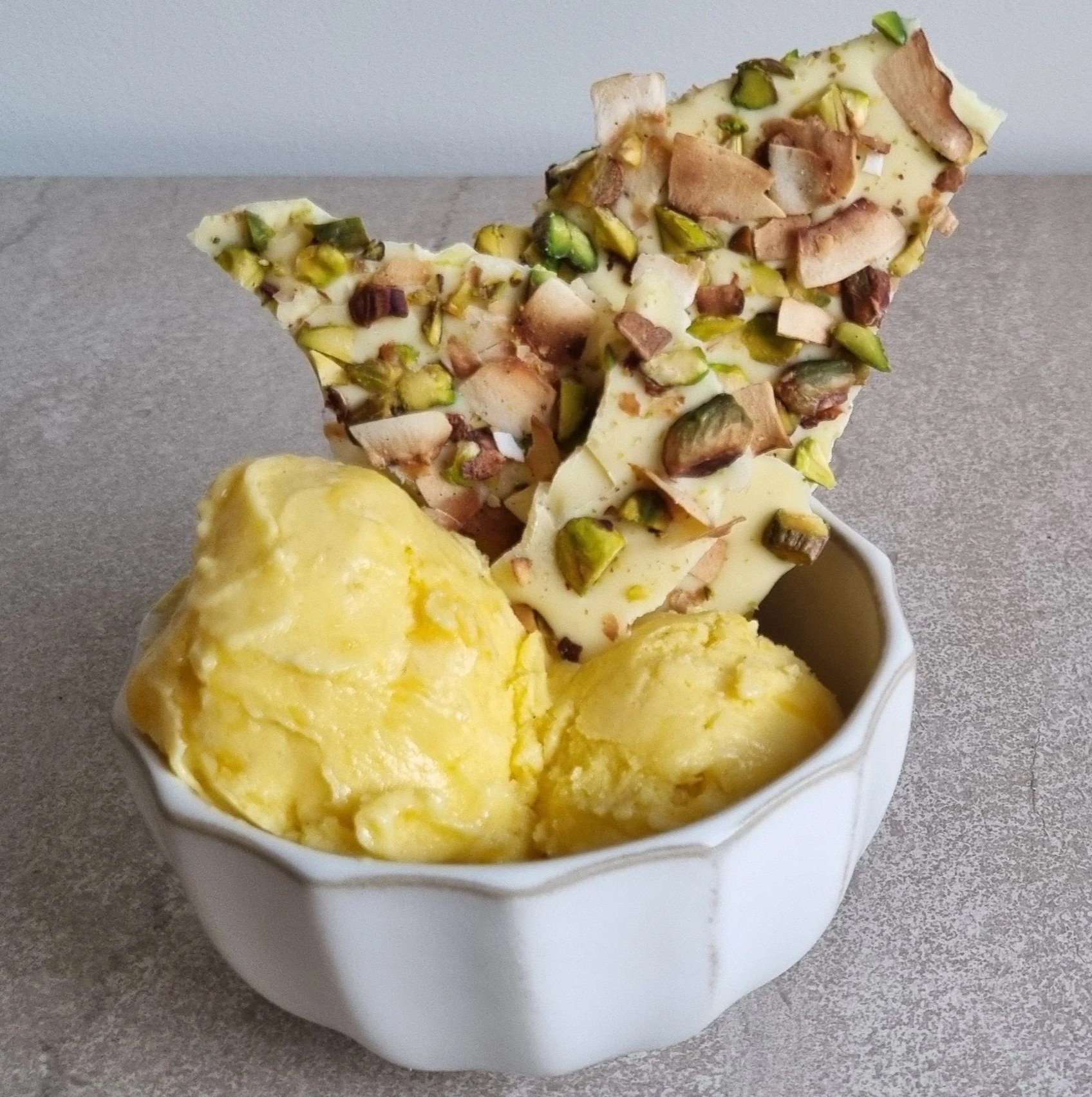Mango Nice Cream with Pistachio & Coconut White Choc Bark