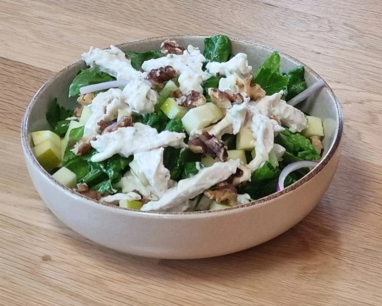 Poached chicken Waldorf salad