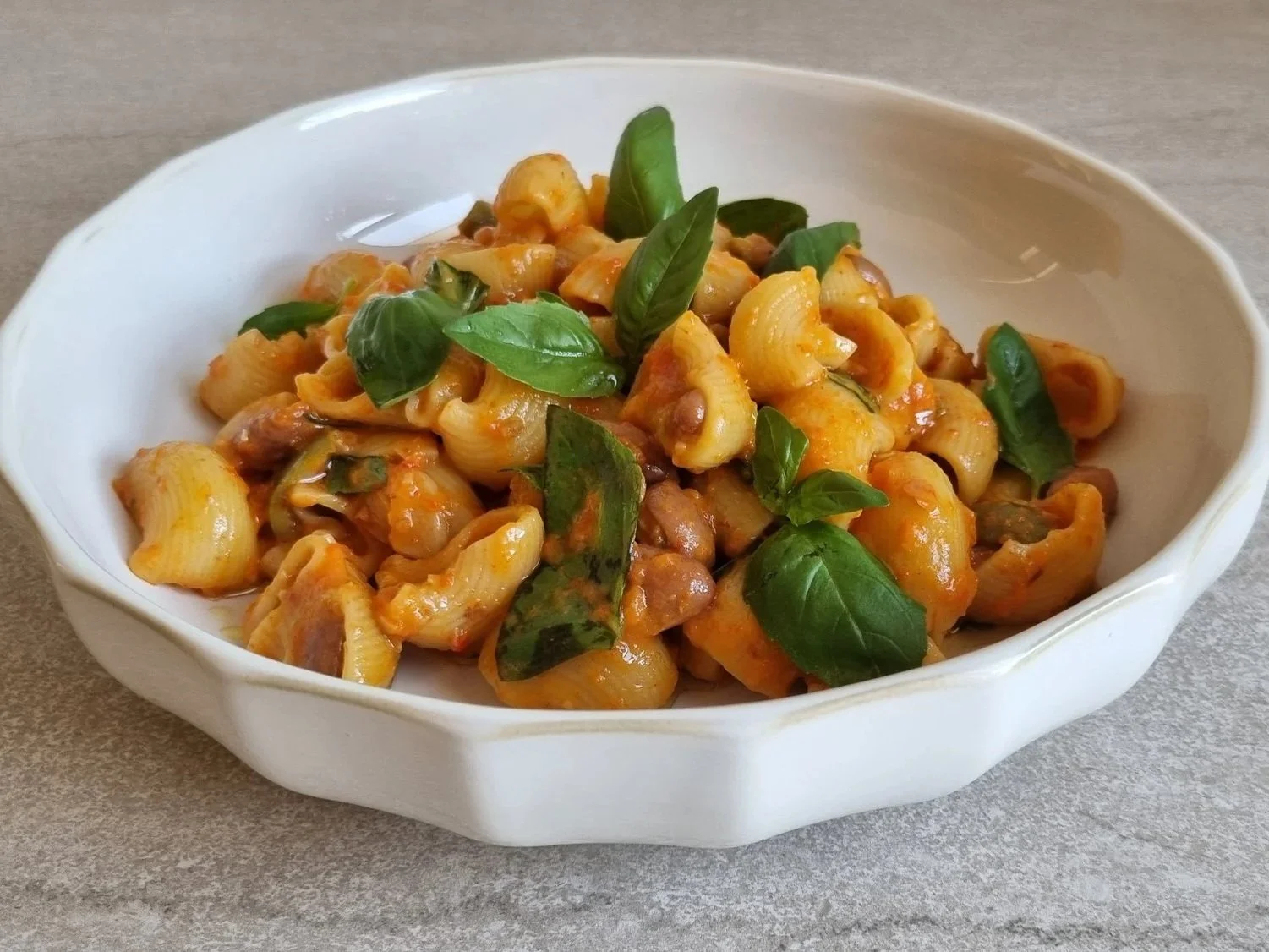 Borlotti Bean, Basil & Green Olive Pasta in Romesco Sauce