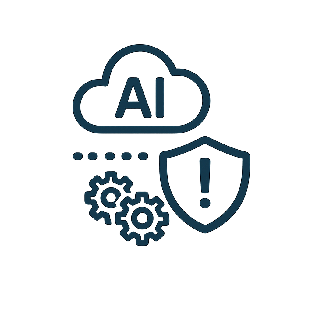 Symbolbild für KI-Sicherheit, mit einer Wolke, die 'AI' enthält, einem Schutzschild mit einem Ausrufezeichen, und Zahnrädern.