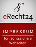 Logo von eRecht24 mit dem Text 'IMPRESSUM für rechtssichere Webseiten' auf rotem Hintergrund