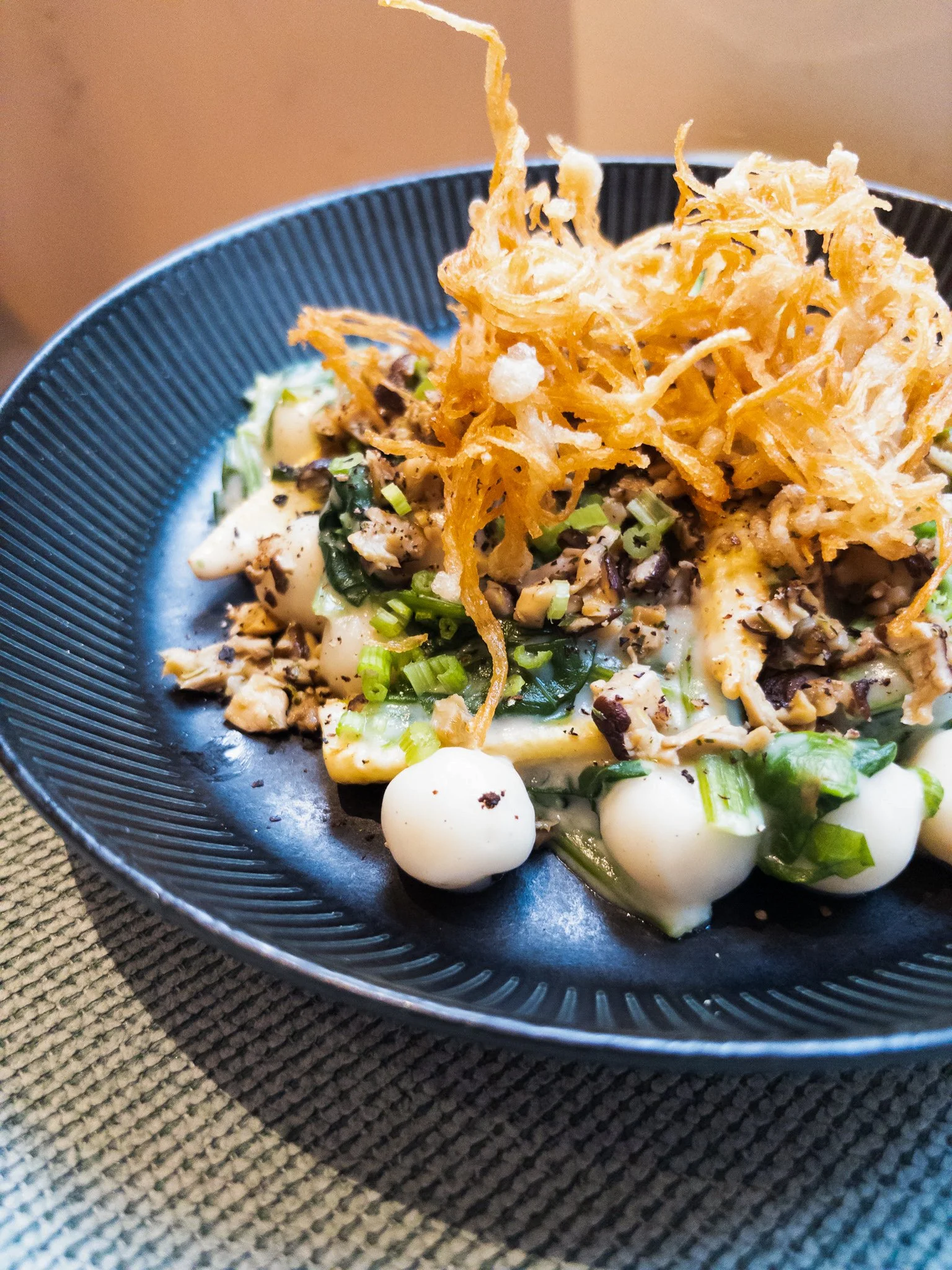 一個黑色的碗裡裝著亞洲料理，有麵條、切碎的青蔥、切丁的蔬菜、炸過的餛飩絲，還有湯圓。