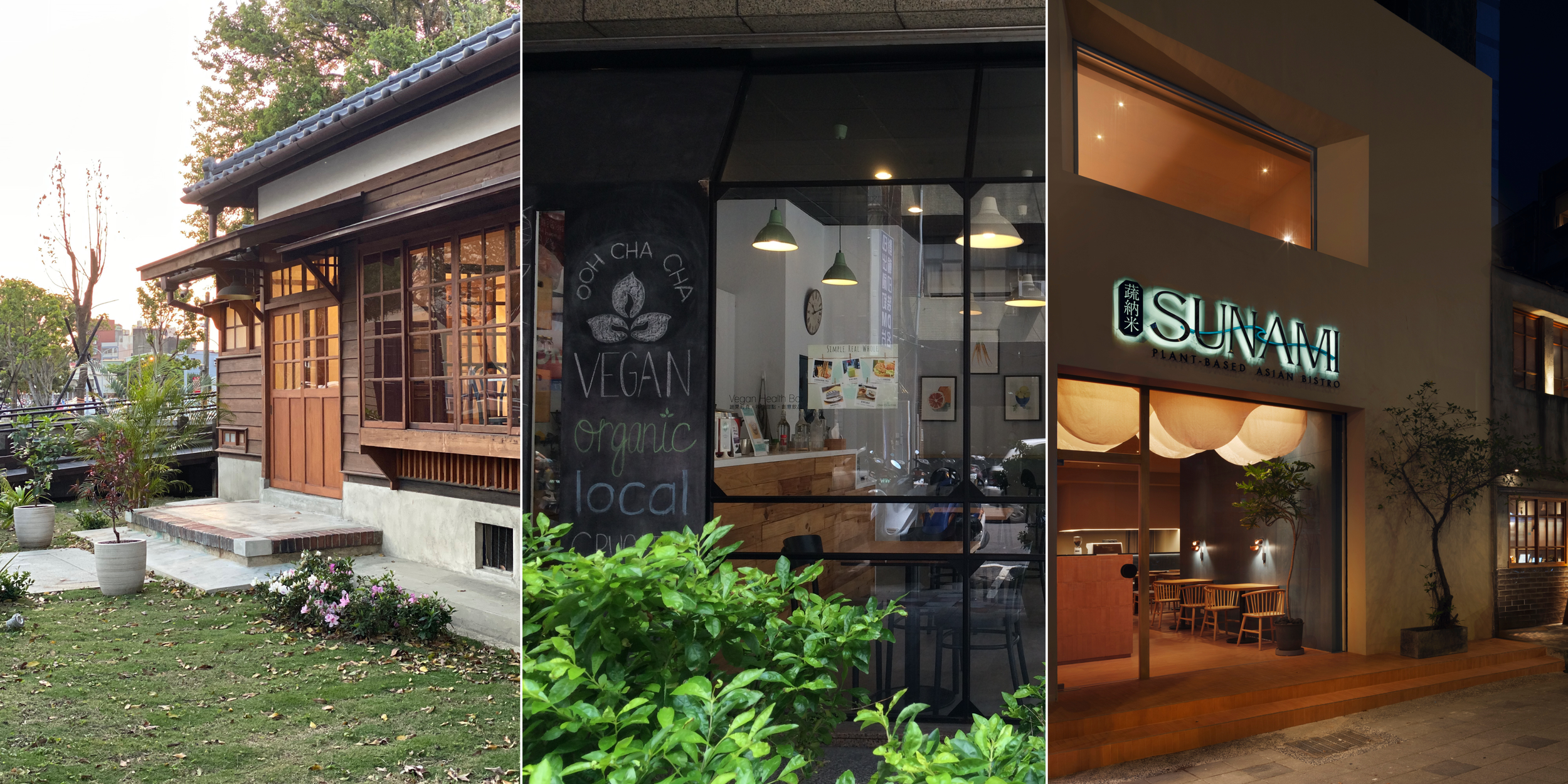 A triptych of three images showing different buildings: a traditional wooden house with a garden, a modern vegan cafe with a sign inside, and a contemporary plant-based Asian bistro called Sunami at night.