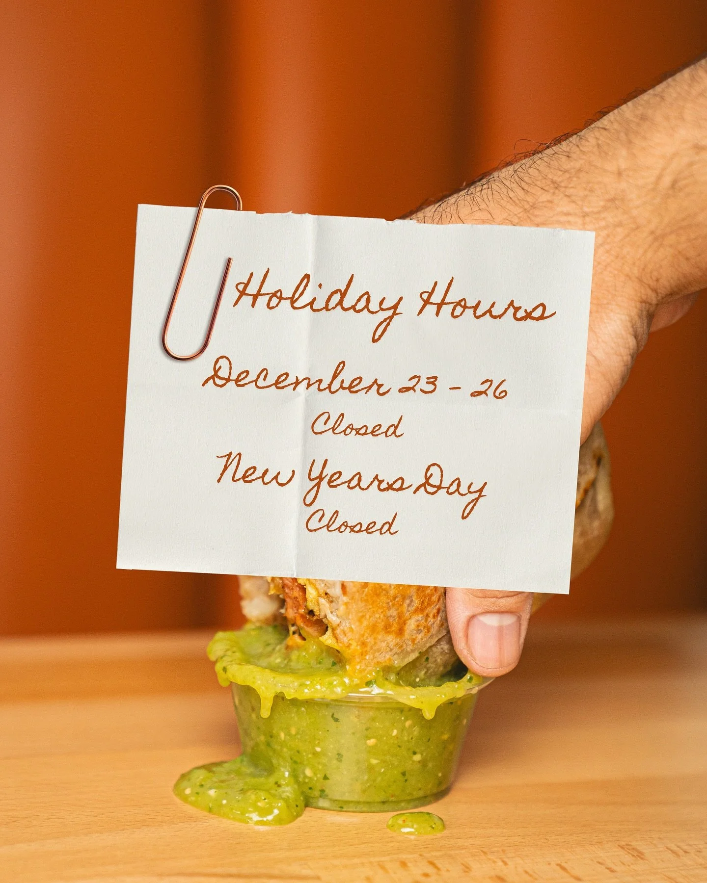 Heads up! We will be closed for four days next week 12/23-12/26 at both locations to give our employees extra time to spend with family and friends! 

Make sure you stop by and grab a burrito during your last minute holiday shopping these next few da