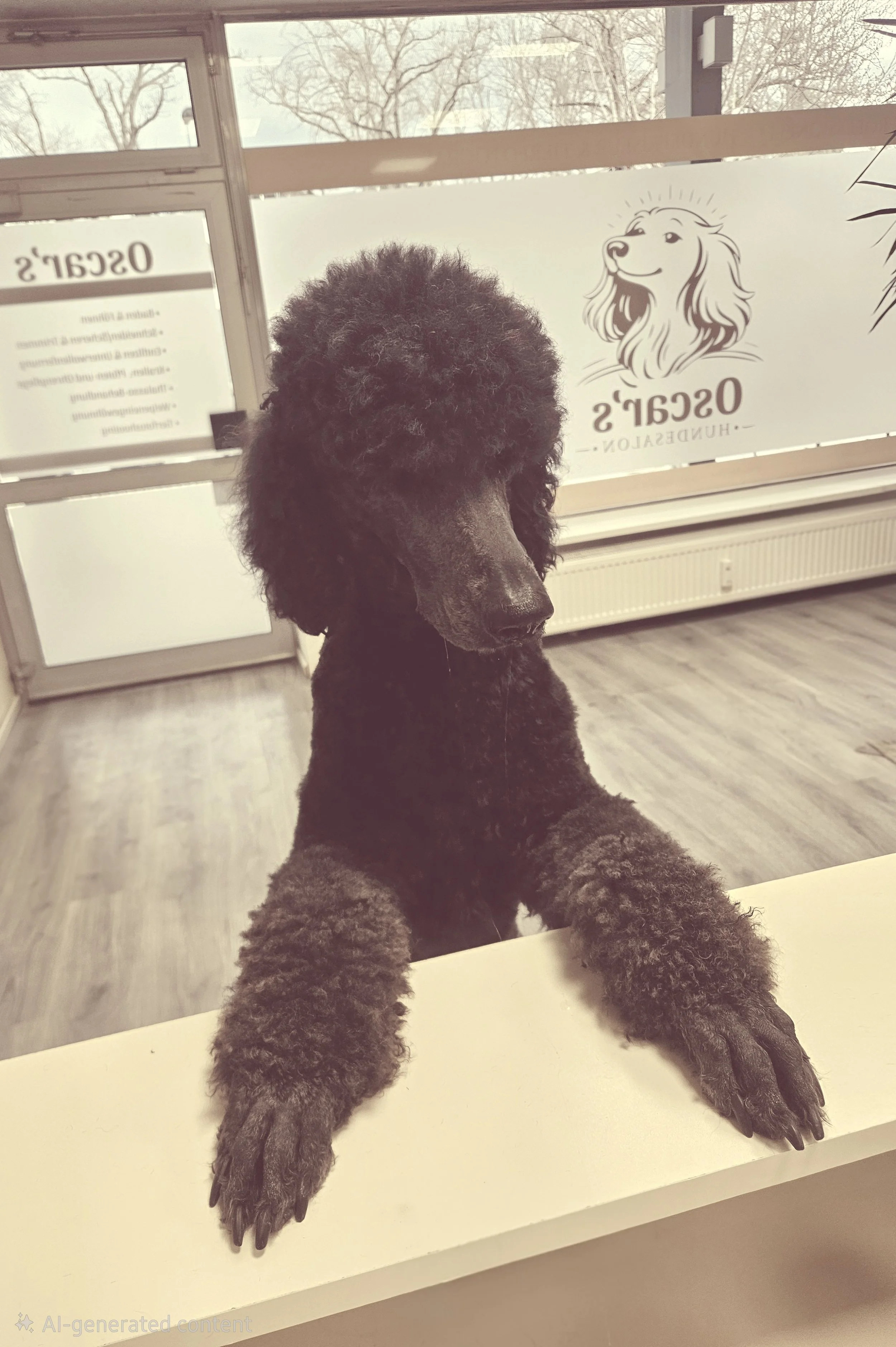 Ein Großpudel hat seine Pfoten auf eine Theke gelegt und im Hintergrund sieht man das Schaufenster und die Eingangstür vom Hundesalon.