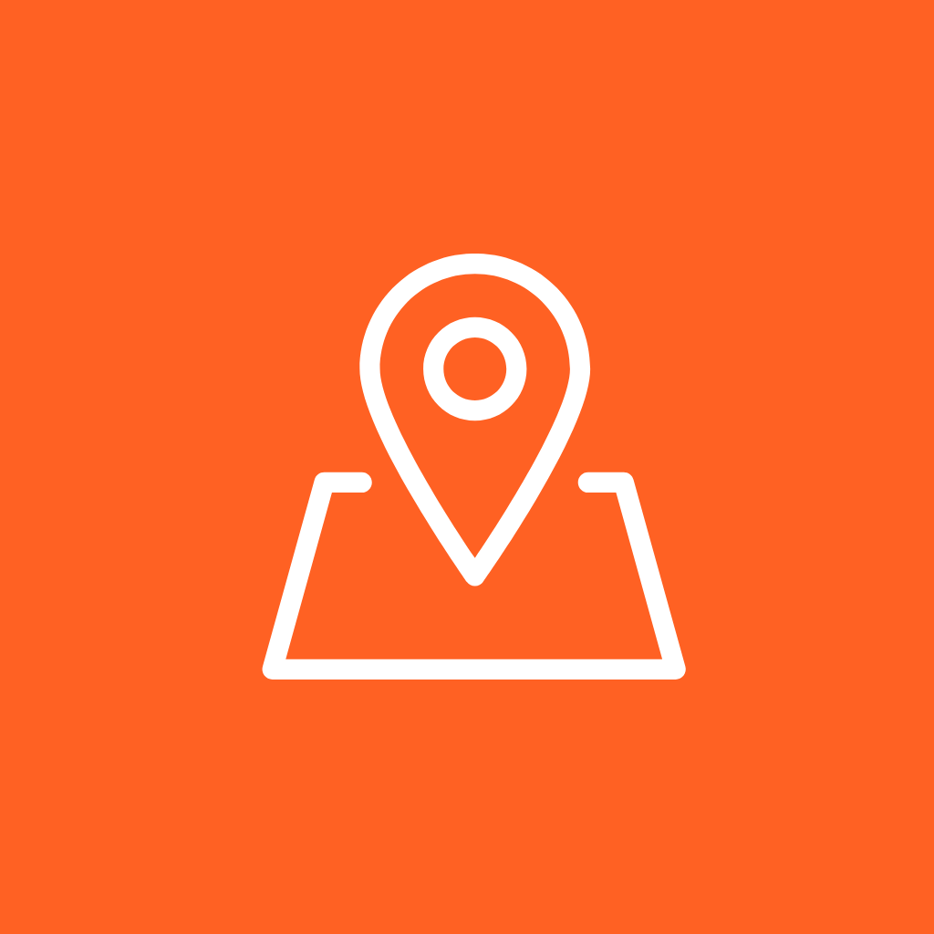 Map with location pin icon on an orange background.