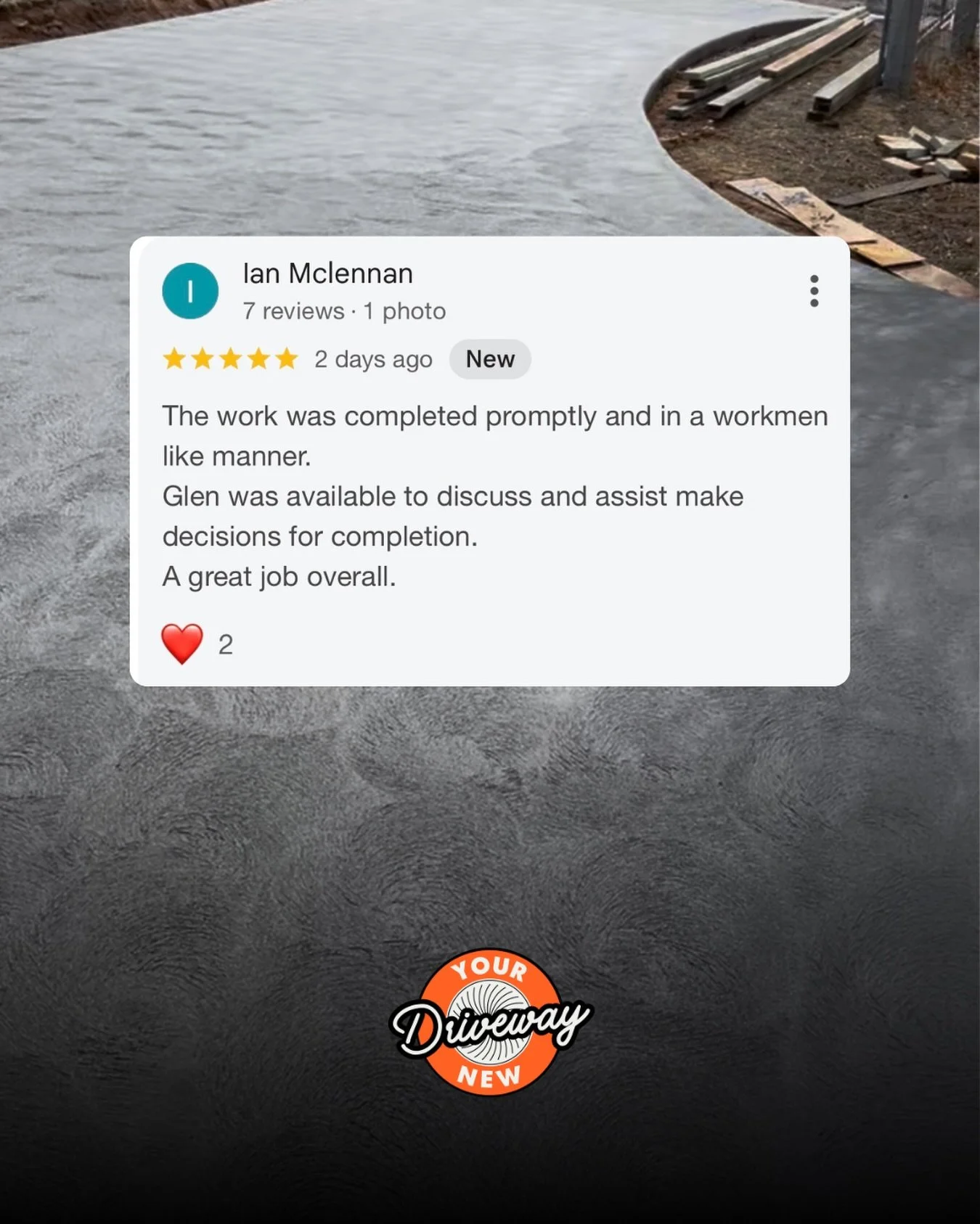 Nothing beats receiving a great review from a happy customer.

Thank you, Ian, for the kind words! Prompt, professional, and always on hand to talk through decisions along the way; that&rsquo;s how we do things at Your New Driveway.

As a family-owne