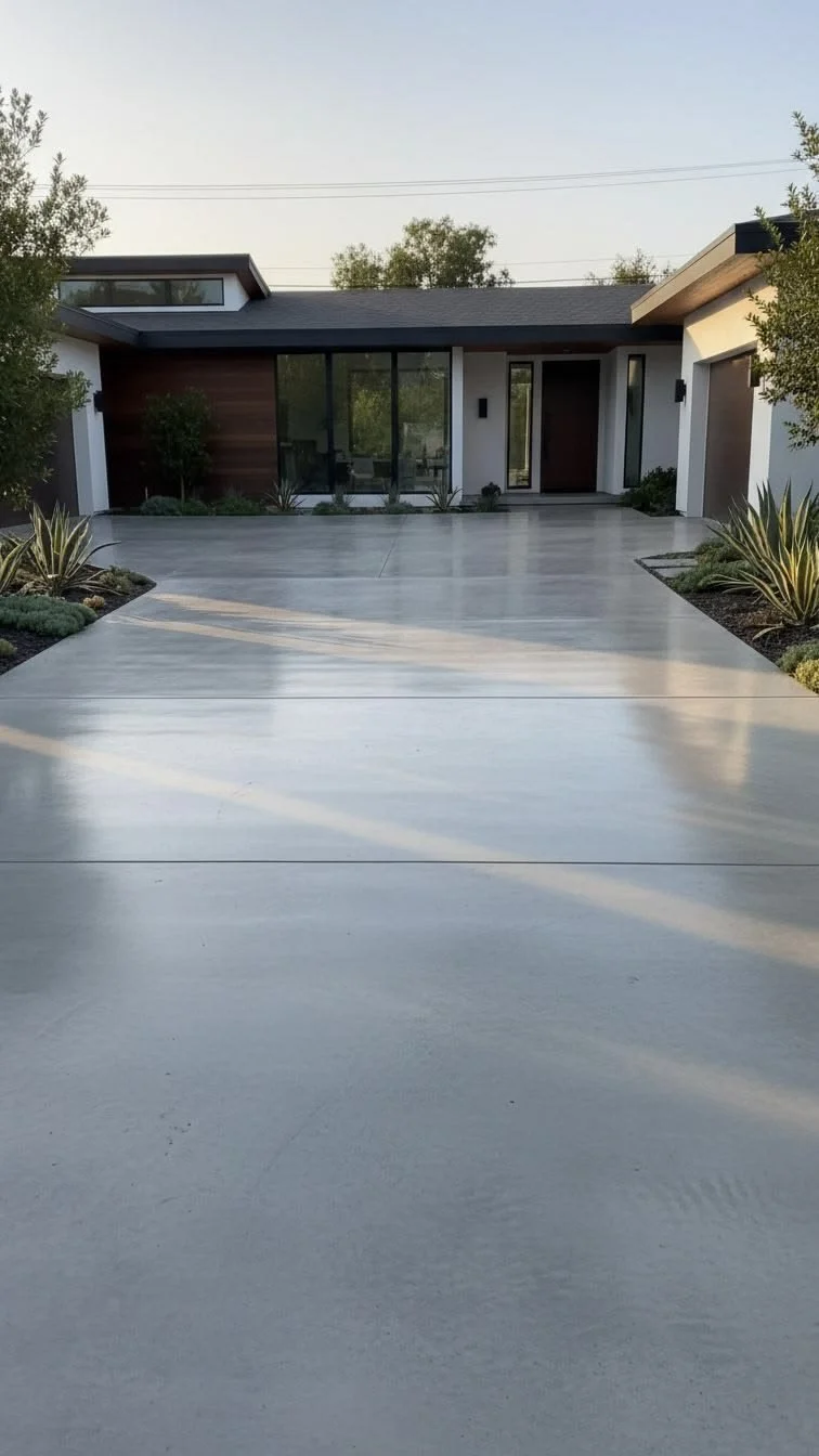 Modern house with large glass windows, front door, and landscaped plants along a clean concrete driveway under a clear sky.