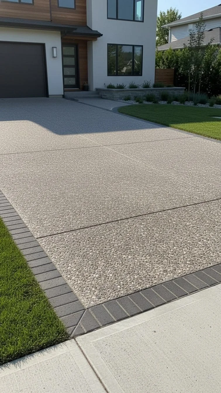 Modern house with gravel driveway, concrete walkway, green lawn, and landscaped garden with shrubs and trees.