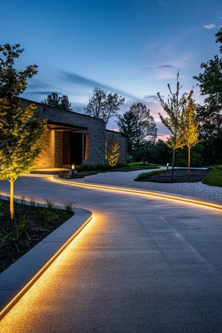 A modern house with a concrete driveway illuminated pathway leading to the entrance, surrounded by trees and landscaping during dusk.
