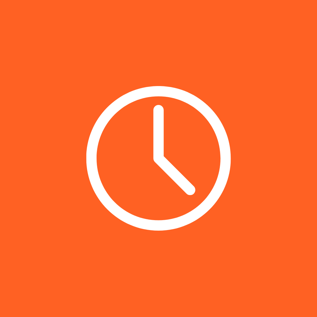White clock icon on an orange background.