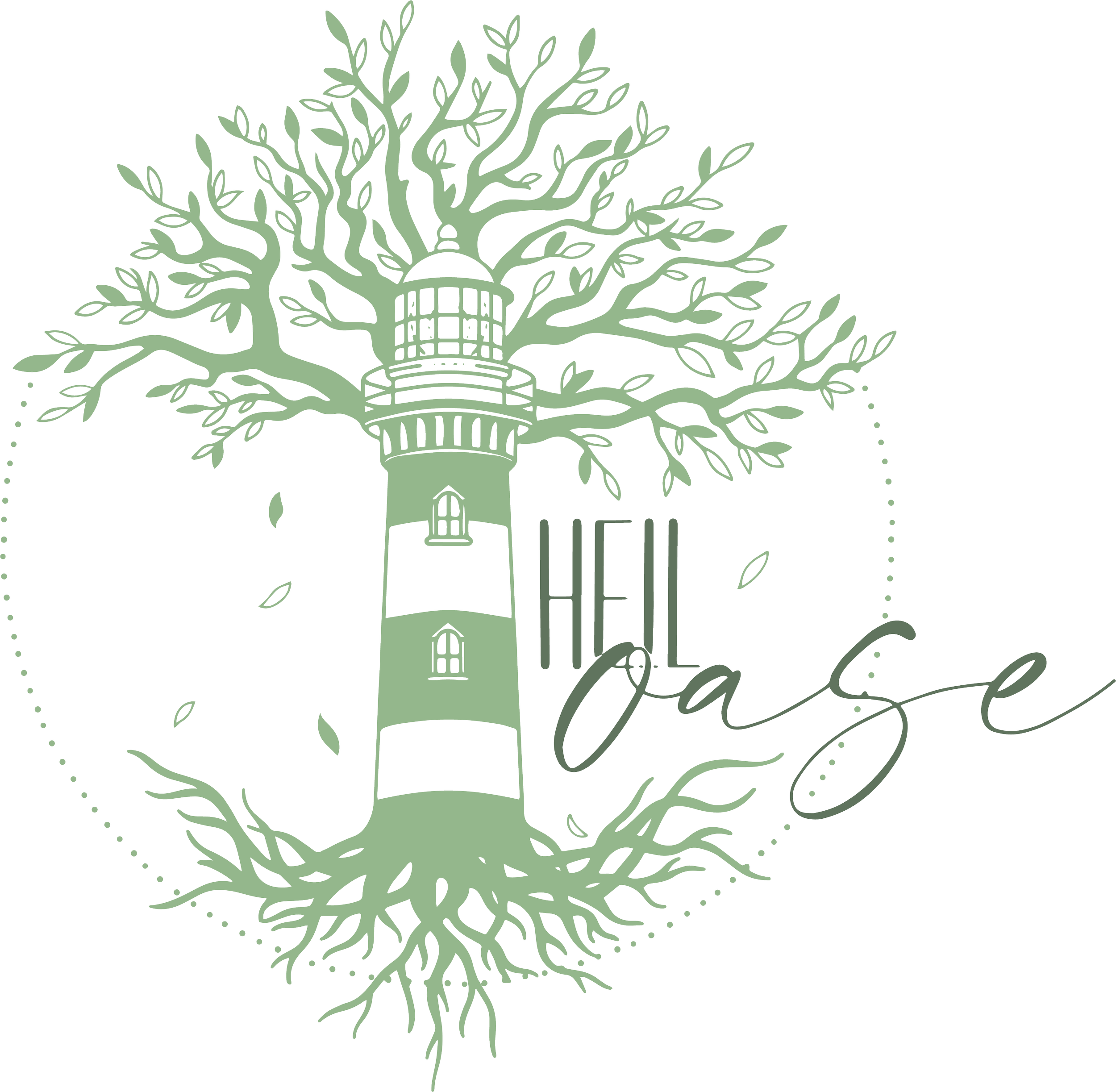 Ein grüner Leuchtturm mit einem Baum, dessen Äste den ganzen Turm umrahmen, und der Schriftzug "HOLA Oase" auf schwarzem Hintergrund.