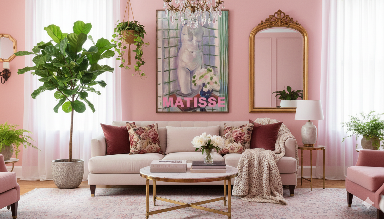 A living room with pink walls, a white sofa with floral and burgundy pillows, a round marble coffee table with books and a flower vase, a side table with a white lamp, large potted plants, and artwork including a large Matisse poster.