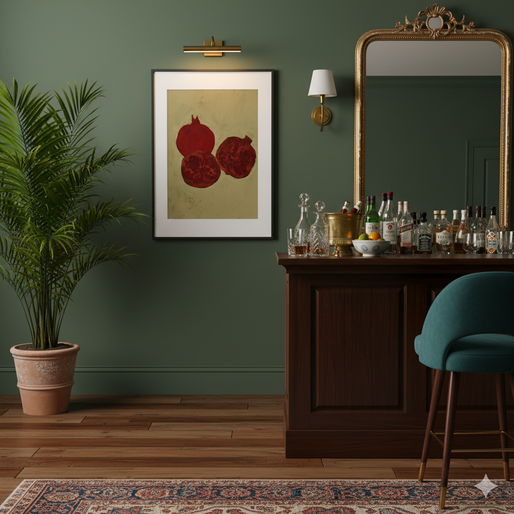 A corner of a room with a green wall featuring a framed print that has three pomegranates.
