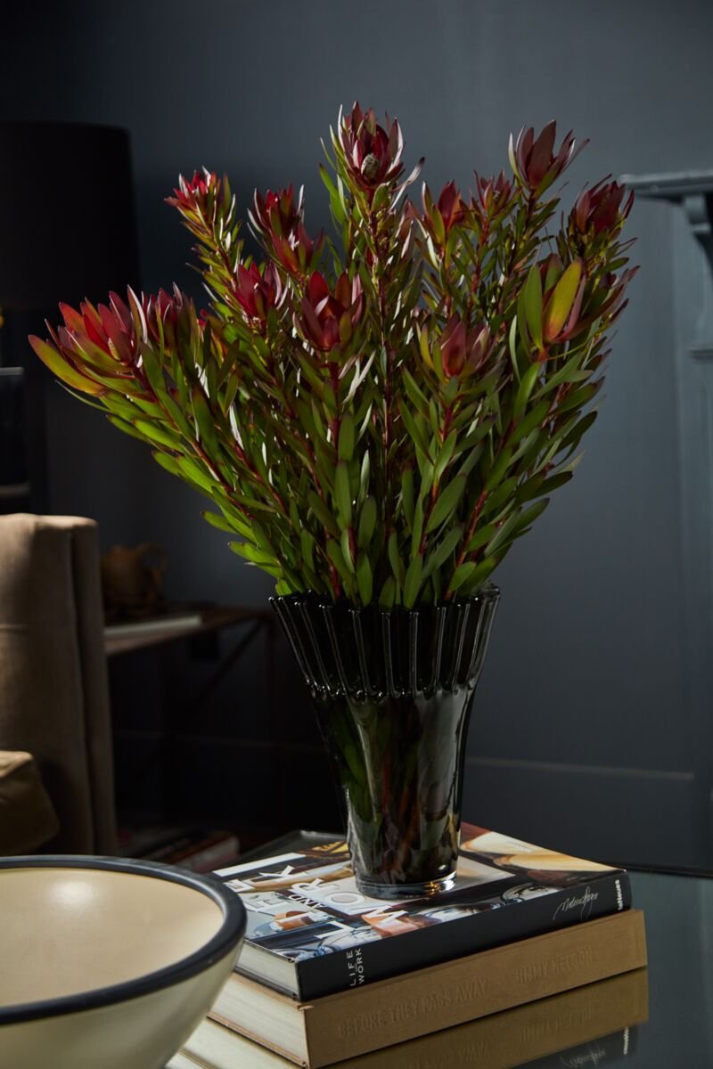 A tall black glass vase with a floral arrangement placed on top of several stacked books, with a shallow bowl nearby, in a dimly lit room.