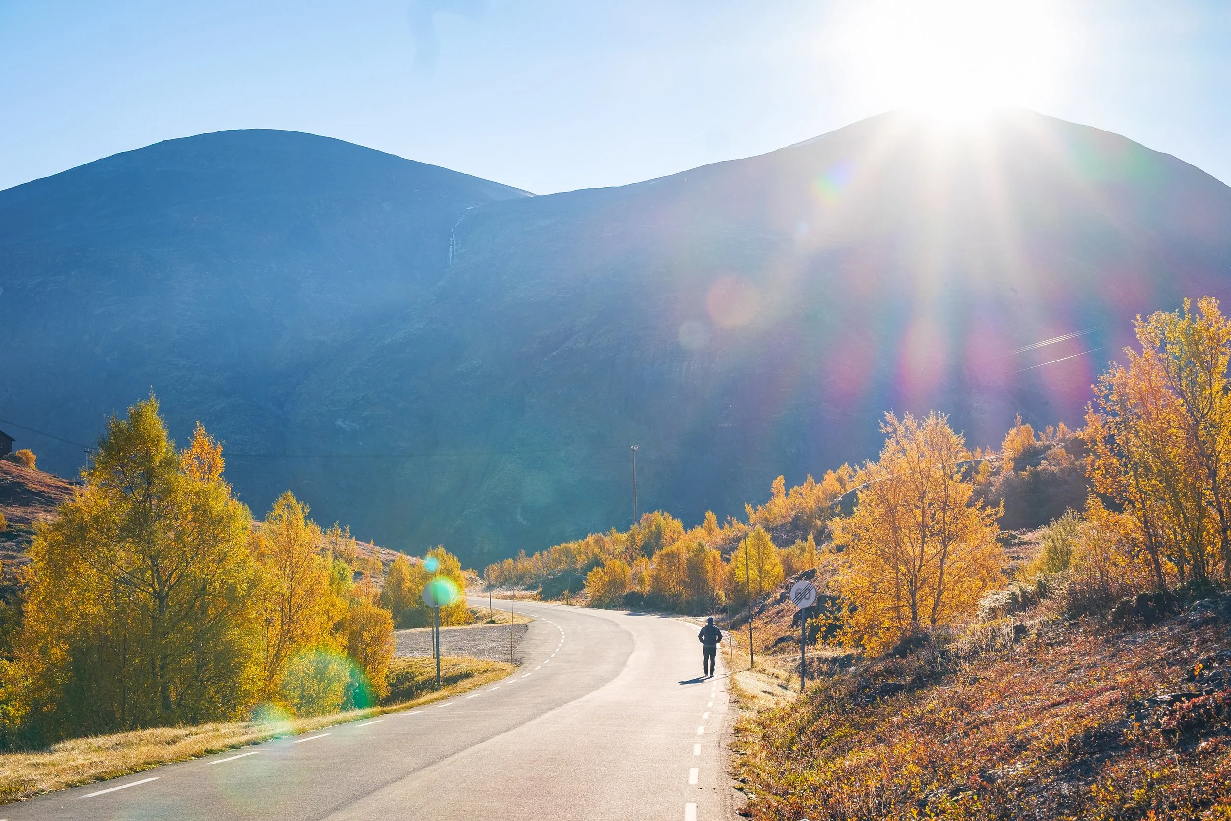 En person går langs en svingete landevei omgitt av høstfargede trær med fjell i bakgrunnen og solen som skinner sterkt fra himmelen.